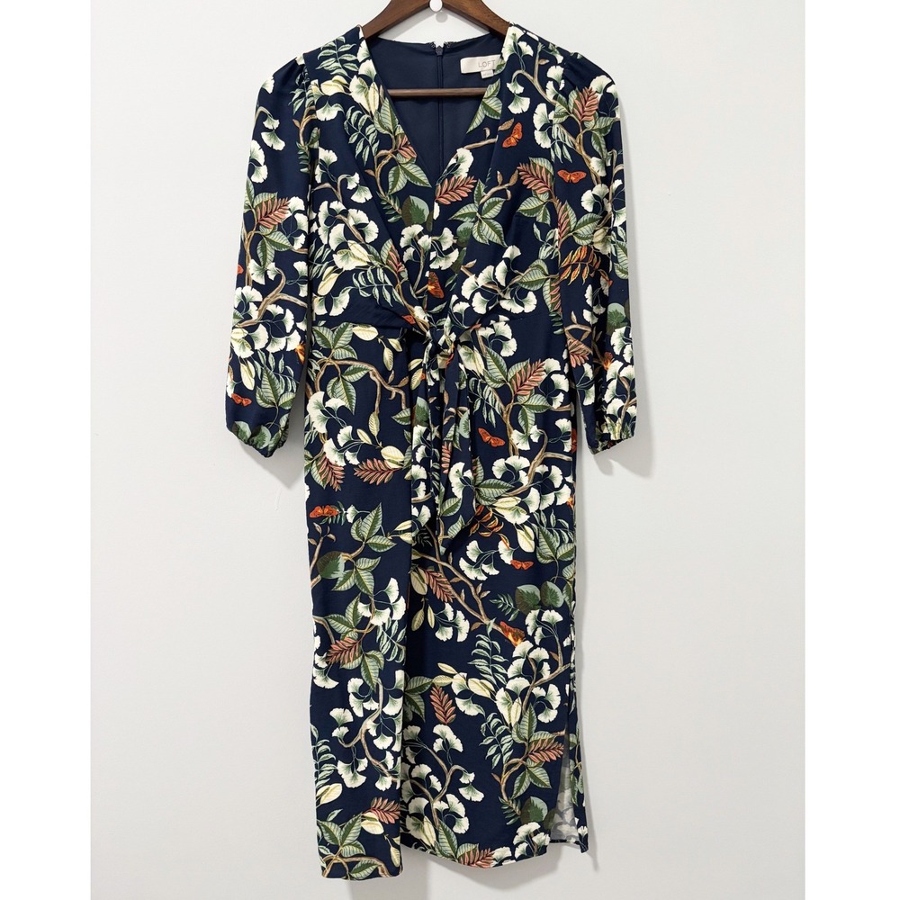 LOFT Midi Dress Womens Size 00P Navy Blue Leaf Butterfly Twist Front V-Neck Work